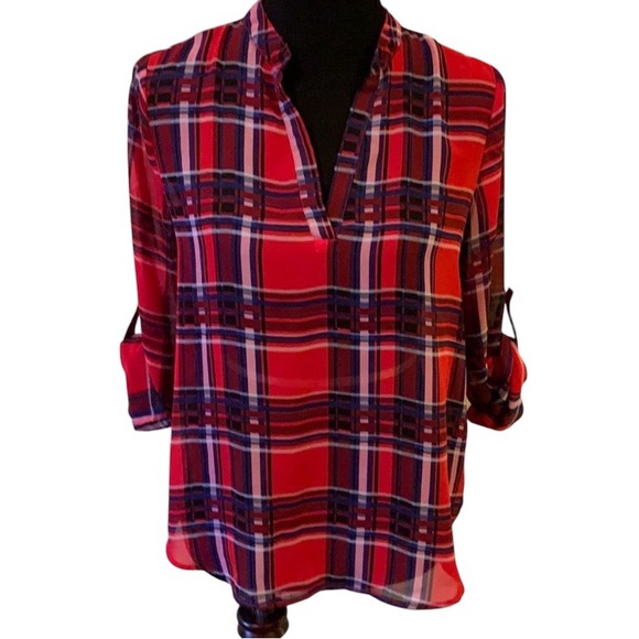 No Boundaries Tops - No Boundaries Sheer Red & Navy Blue Plaid V Neck Shirt Junior’s Medium
